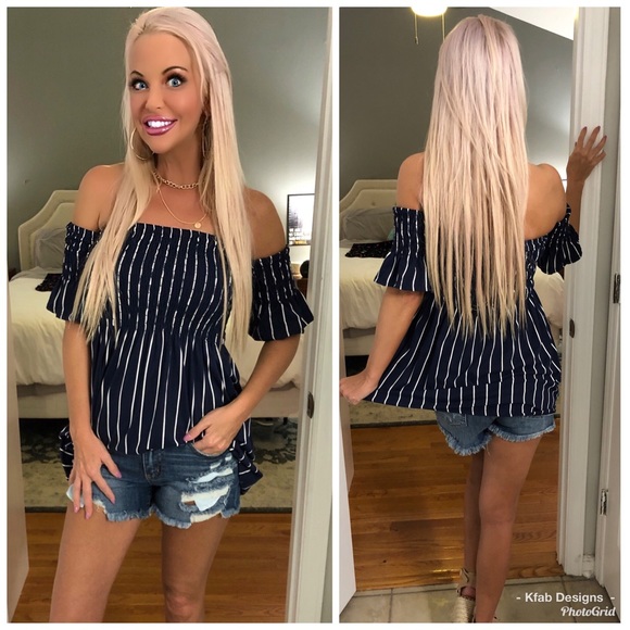 Tops - 💕LAST 1! 💕Navy/White Off Shoulder Smocked Tunic!
